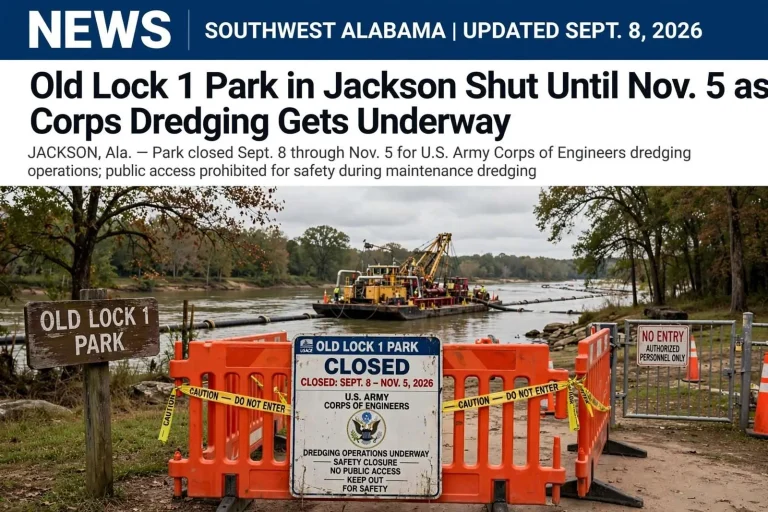 Illustration for the news story: Old Lock 1 Park in Jackson Shut Until Nov. 5 as Corps Dredging Gets Underway