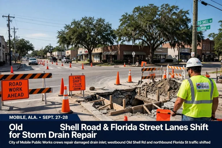 Illustration for the news story: Old Shell Road, Florida Street Lanes Shift Sunday and Monday for Storm Drain Repair
