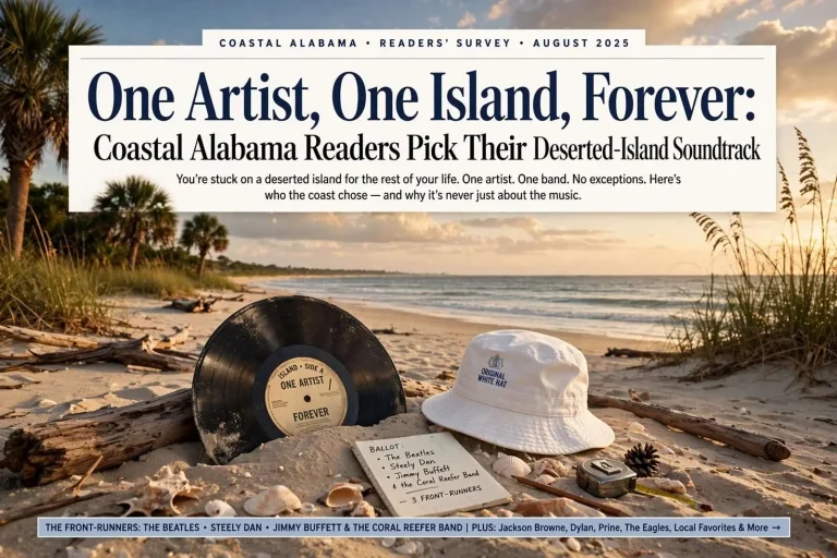 Illustration for the news story: One Artist, One Island, Forever: Coastal Alabama Readers Pick Their Deserted-Island Soundtrack