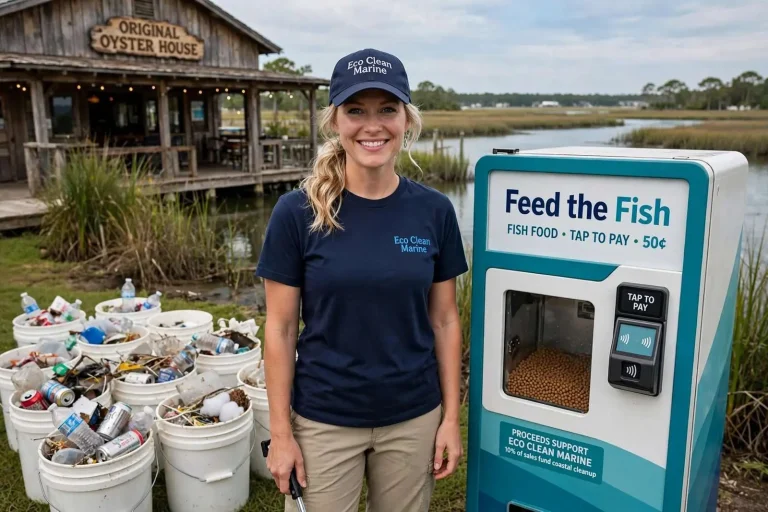 Illustration for the news story: One Dirty Marsh Started It All: Courtney Dombroski’s Fish Machines and 1,000 Buckets of Coastal Trash