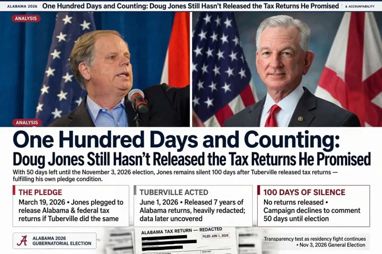 Illustration for the news story: One Hundred Days and Counting: Doug Jones Still Hasn’t Released the Tax Returns He Promised