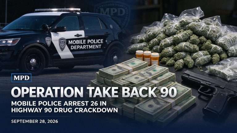 Illustration for the news story: Operation Take Back 90: Mobile Police Arrest 26 in Highway 90 Drug Crackdown