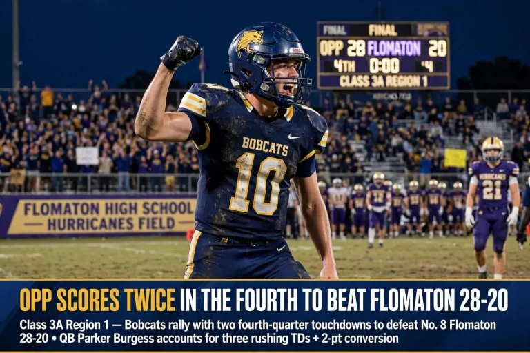 Illustration for the news story: Opp Scores Twice in the Fourth to Beat Flomaton 28-20 in a Class 3A Region 1 Swing Game