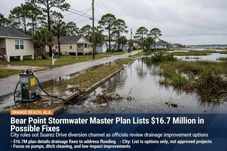 Illustration for the news story: Bear Point Stormwater Master Plan Lists $16.7 Million in Possible Fixes as Orange Beach Rules Out Diversion Channel