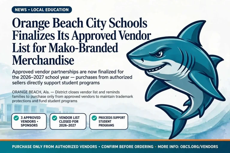 Illustration for the news story: Orange Beach City Schools Finalizes Its Approved Vendor List for Mako-Branded Merchandise