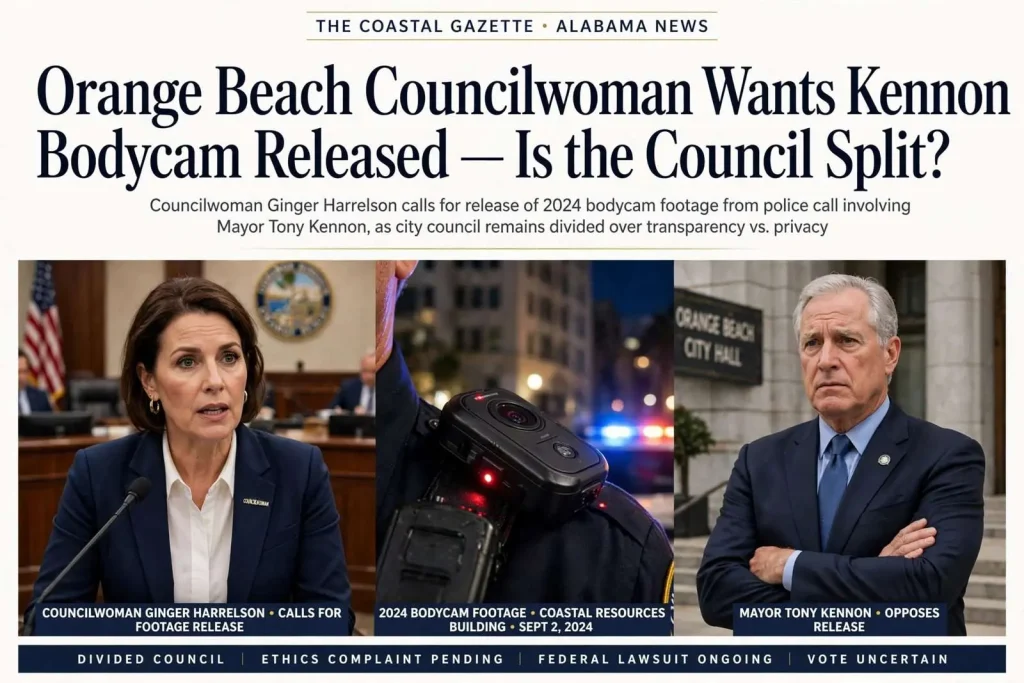 Illustration for the news story: Orange Beach Councilwoman Wants Kennon Bodycam Released — Is the Council Split?