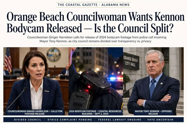 Illustration for the news story: Orange Beach Councilwoman Wants Kennon Bodycam Released — Is the Council Split?