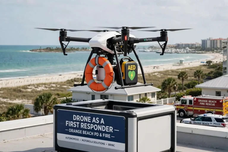Illustration for the news story: A Drone That Launches Itself: Orange Beach Tests Flotation Devices and AEDs by Air