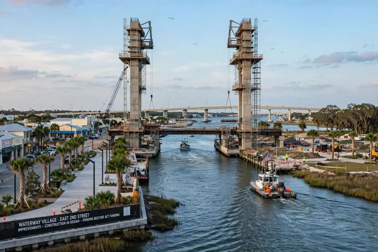 Illustration for the news story: Gulf Shores Waterway Village Update: Pedestrian Bridge on Track for Spring 2027, East Second Street Phase Awaits RESTORE Funds