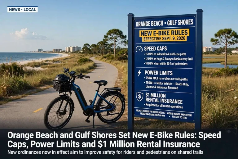 Illustration for the news story: Orange Beach and Gulf Shores Set New E-Bike Rules: Speed Caps, Power Limits and $1 Million Rental Insurance