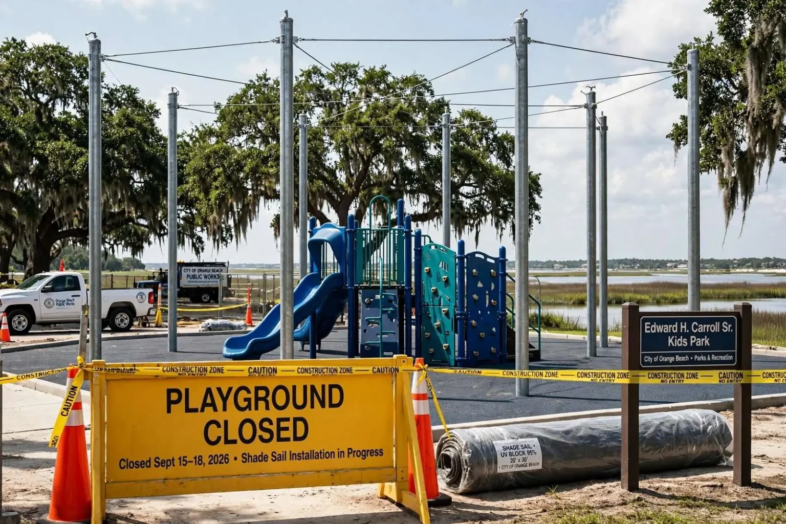 Illustration for the news story: Orange Beach Kids Park Playground Closes Four Days for Shade Sail Installation