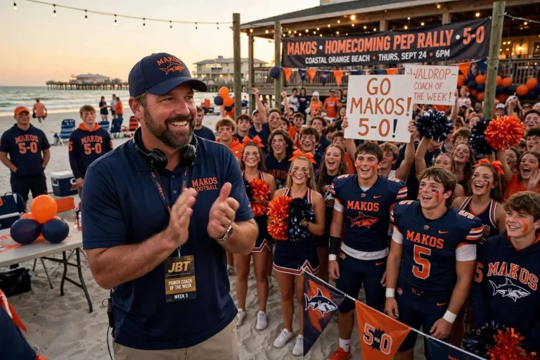 Illustration for the news story: Unbeaten Makos Celebrate Homecoming With Beach Pep Rally as Wade Waldrop Earns Power Coach of the Week
