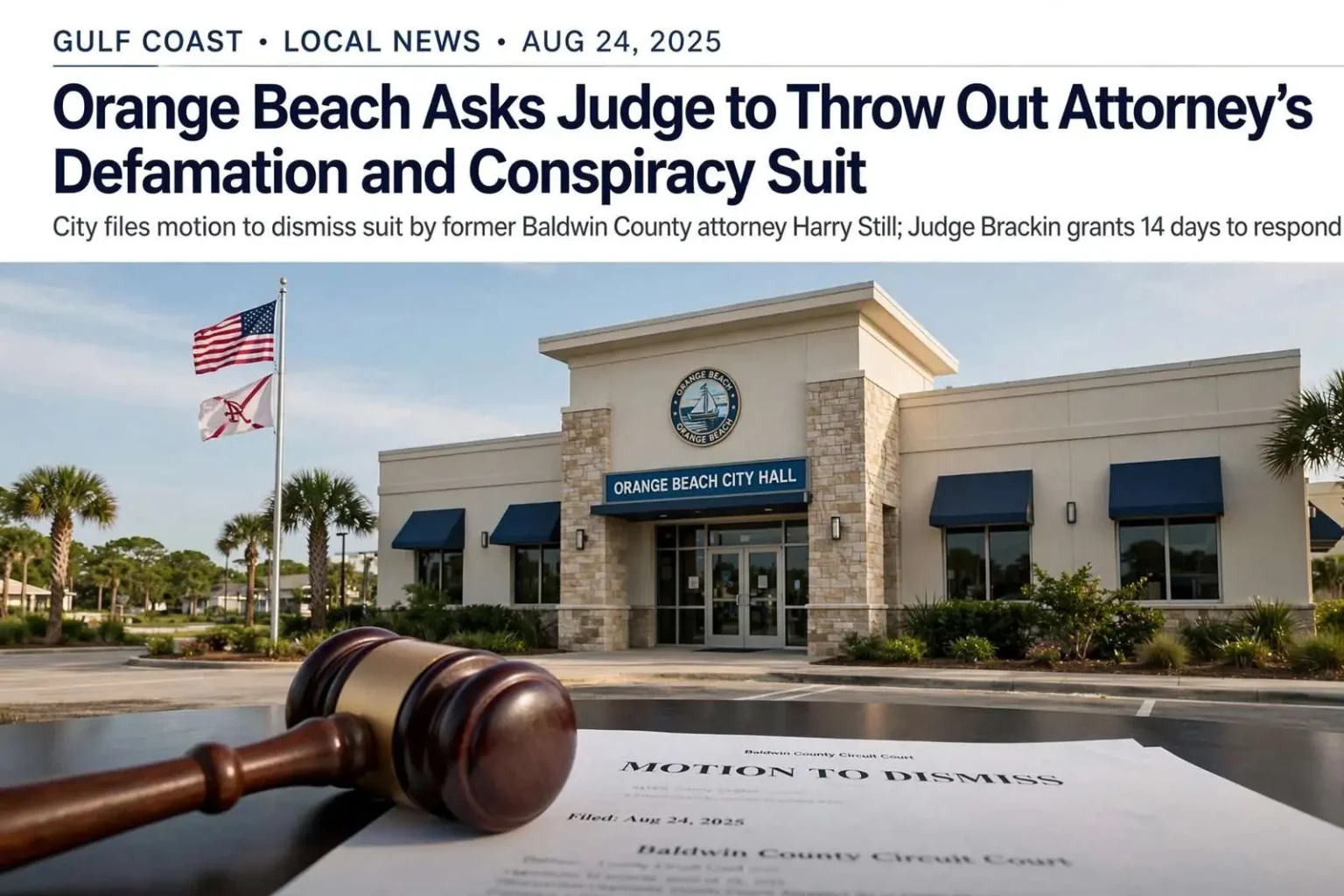 Illustration for the news story: Orange Beach Asks Judge to Throw Out Attorney’s Defamation and Conspiracy Suit