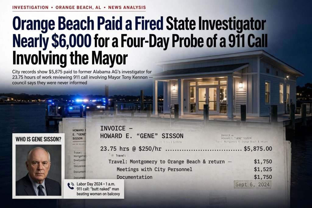 Illustration for the news story: Orange Beach Paid a Fired State Investigator Nearly $6,000 for a Four-Day Probe of a 911 Call Involving the Mayor