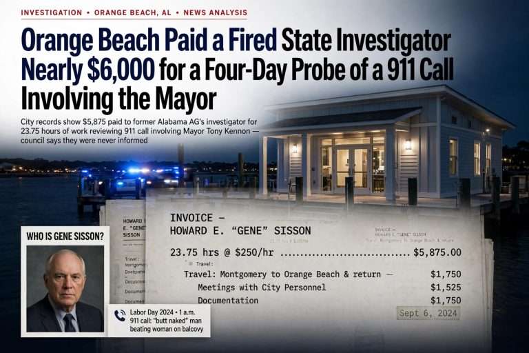 Illustration for the news story: Orange Beach Paid a Fired State Investigator Nearly $6,000 for a Four-Day Probe of a 911 Call Involving the Mayor