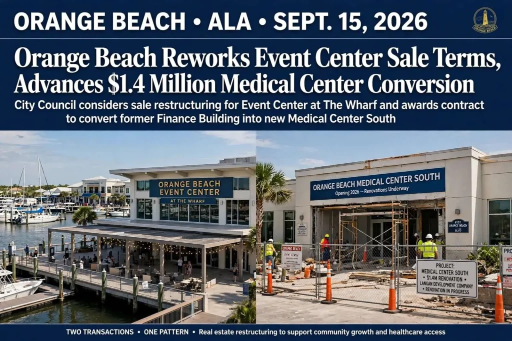 Illustration for the news story: Orange Beach Reworks Event Center Sale Terms, Advances $1.4 Million Medical Center Conversion
