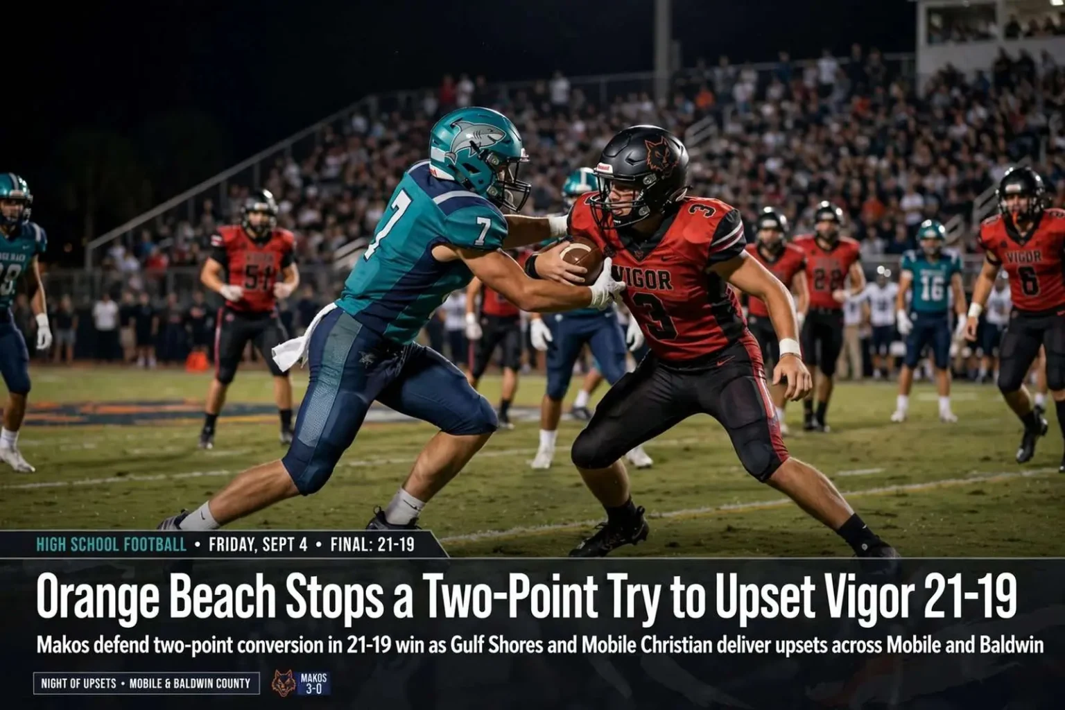 Illustration for the news story: Orange Beach Stops a Two-Point Try to Upset Vigor 21-19 on a Night of Upsets Across Mobile and Baldwin
