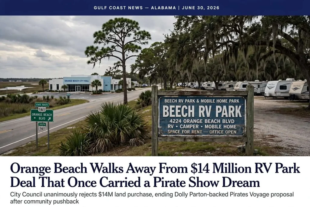 Illustration for the news story: Orange Beach Walks Away From $14 Million RV Park Deal That Once Carried a Pirate Show Dream