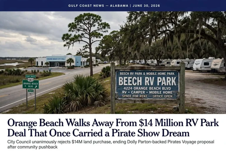 Illustration for the news story: Orange Beach Walks Away From $14 Million RV Park Deal That Once Carried a Pirate Show Dream