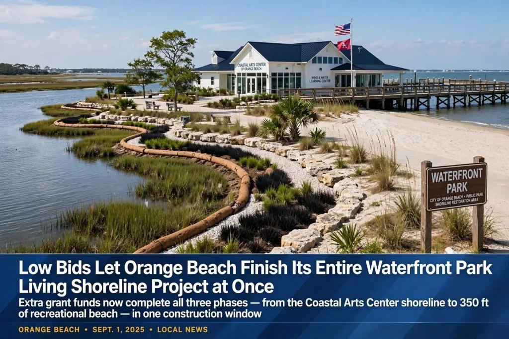Illustration for the news story: Low Bids Let Orange Beach Finish Its Entire Waterfront Park Living Shoreline Project at Once