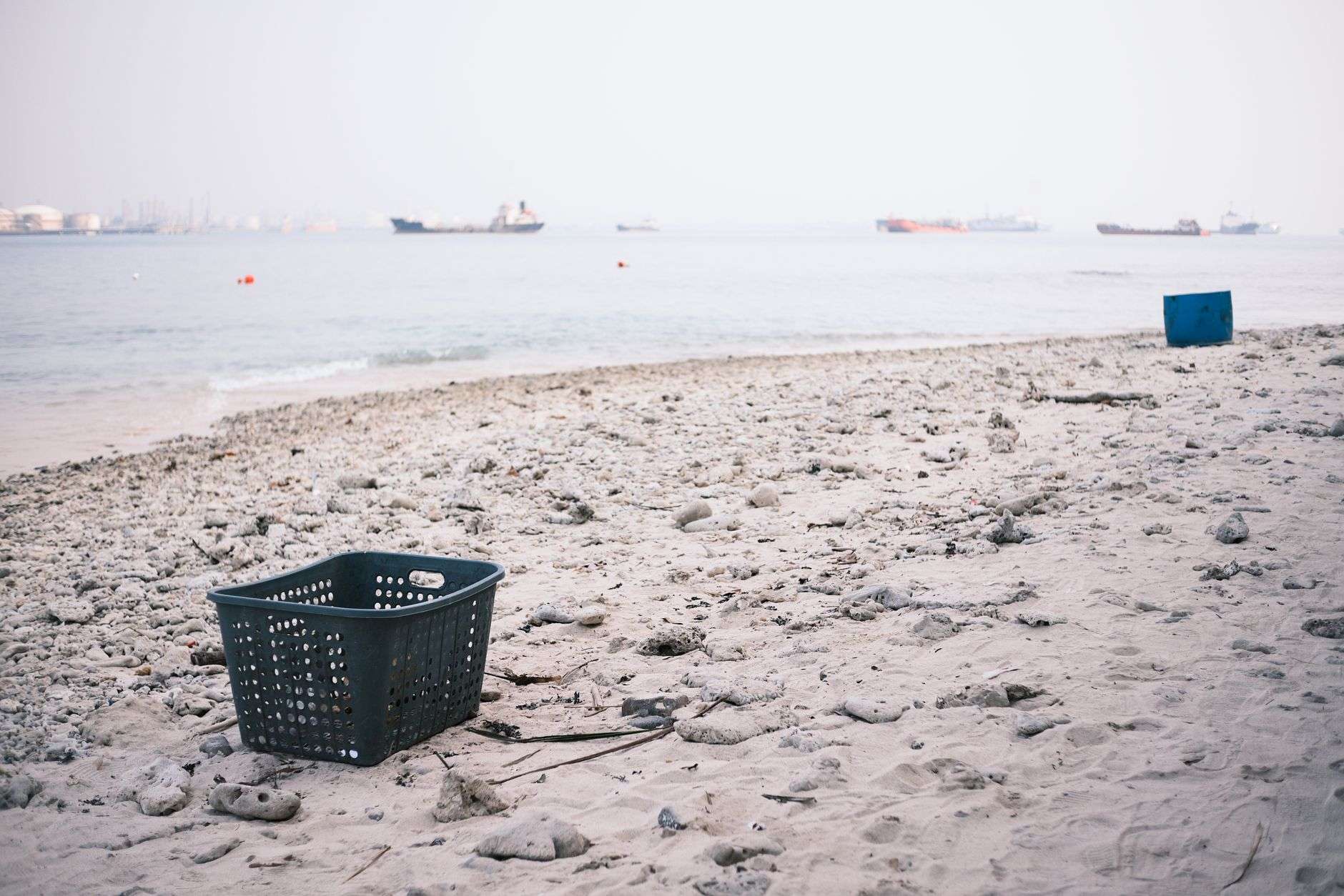 A small boat working along a coastal marsh shoreline during a debris cleanup operation