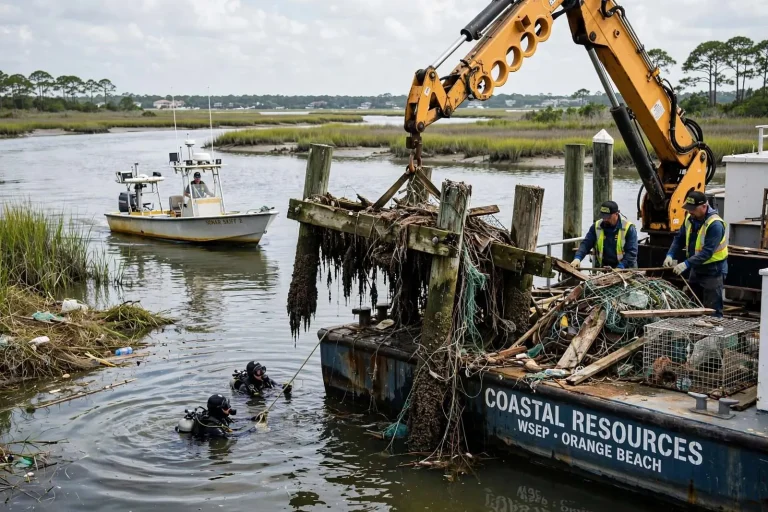 Illustration for the news story: Sonar Skiffs, a Knuckle-Boom Barge and Dive Teams: Orange Beach Has Pulled 65,000 Pounds of Debris This Year