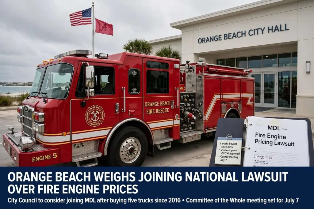 Illustration for the news story: Orange Beach Weighs Joining a National Lawsuit Over Fire Engine Prices — After Buying Five Trucks Since 2016