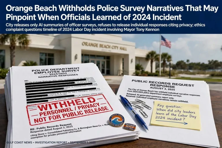 Illustration for the news story: Orange Beach Withholds Police Survey Narratives That May Pinpoint When Officials Learned of 2024 Incident