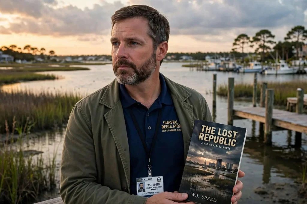 Illustration for the news story: Orange Beach’s Coastal Regulator Wrote a Crime Novel: Inside W.J. Speed’s ‘The Lost Republic’