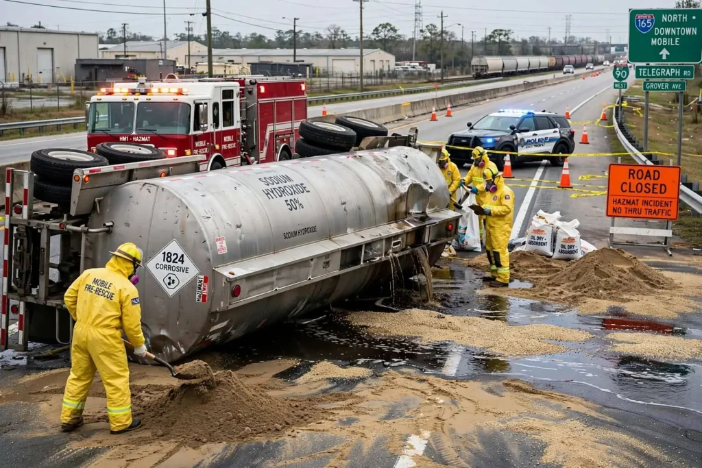 Illustration for the news story: Overturned Tanker Spills Caustic Soda and Diesel, Shutting US 90 Near Telegraph Road for Hours