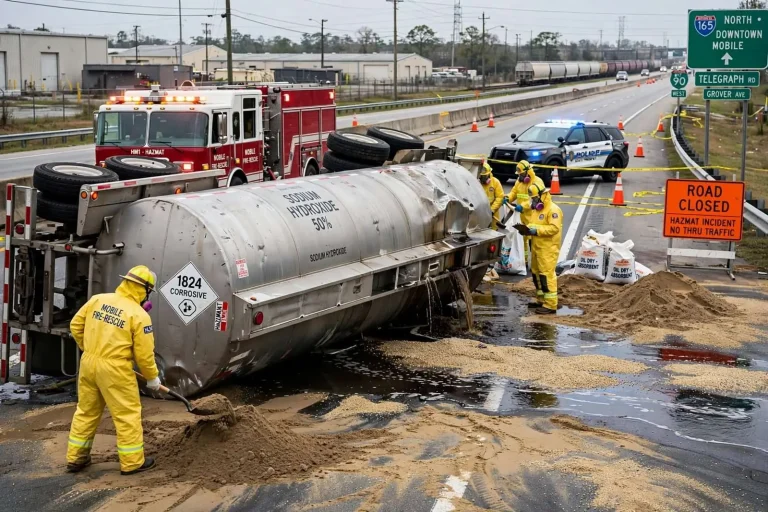 Illustration for the news story: Overturned Tanker Spills Caustic Soda and Diesel, Shutting US 90 Near Telegraph Road for Hours