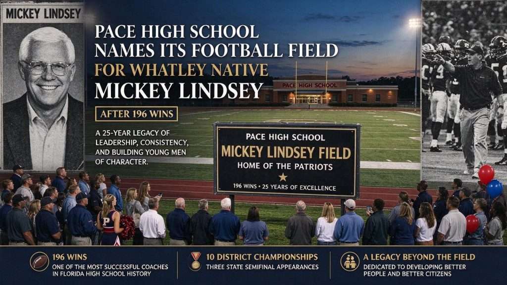 Illustration for the news story: Pace High School Names Its Football Field for Whatley Native Mickey Lindsey After 196 Wins