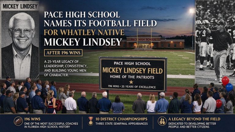 Illustration for the news story: Pace High School Names Its Football Field for Whatley Native Mickey Lindsey After 196 Wins
