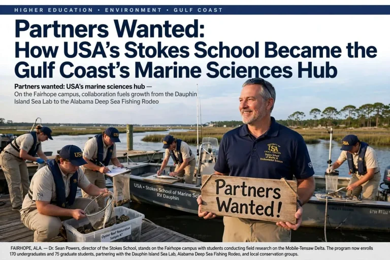 Illustration for the news story: Partners Wanted: How USA’s Stokes School Became the Gulf Coast’s Marine Sciences Hub