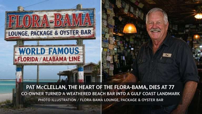 Illustration for the news story: Pat McClellan, the Heart of the Flora-Bama, Dies at 77