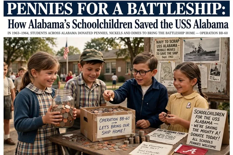 Illustration for the news story: Pennies for a Battleship: How Alabama’s Schoolchildren Saved the USS Alabama