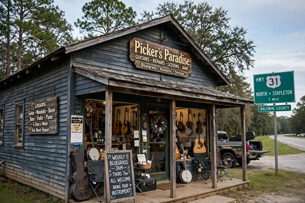Illustration for the news story: Picker’s Paradise: The Stapleton Guitar Shop That Doubles as Baldwin County’s Bluegrass Living Room