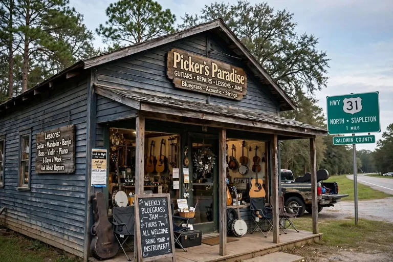 Illustration for the news story: Picker’s Paradise: The Stapleton Guitar Shop That Doubles as Baldwin County’s Bluegrass Living Room