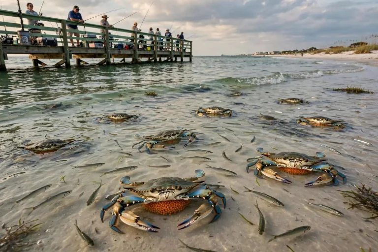 Illustration for the news story: Pier and Shore Fishing Outlook: Clearing Water, Cooling Gulf and a Blue Crab Spectacle in the Surf