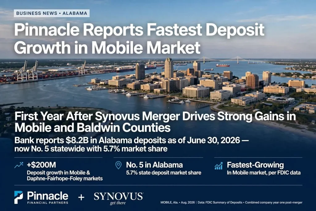 Illustration for the news story: Pinnacle Reports Fastest Deposit Growth in Mobile Market in First Year After Synovus Merger