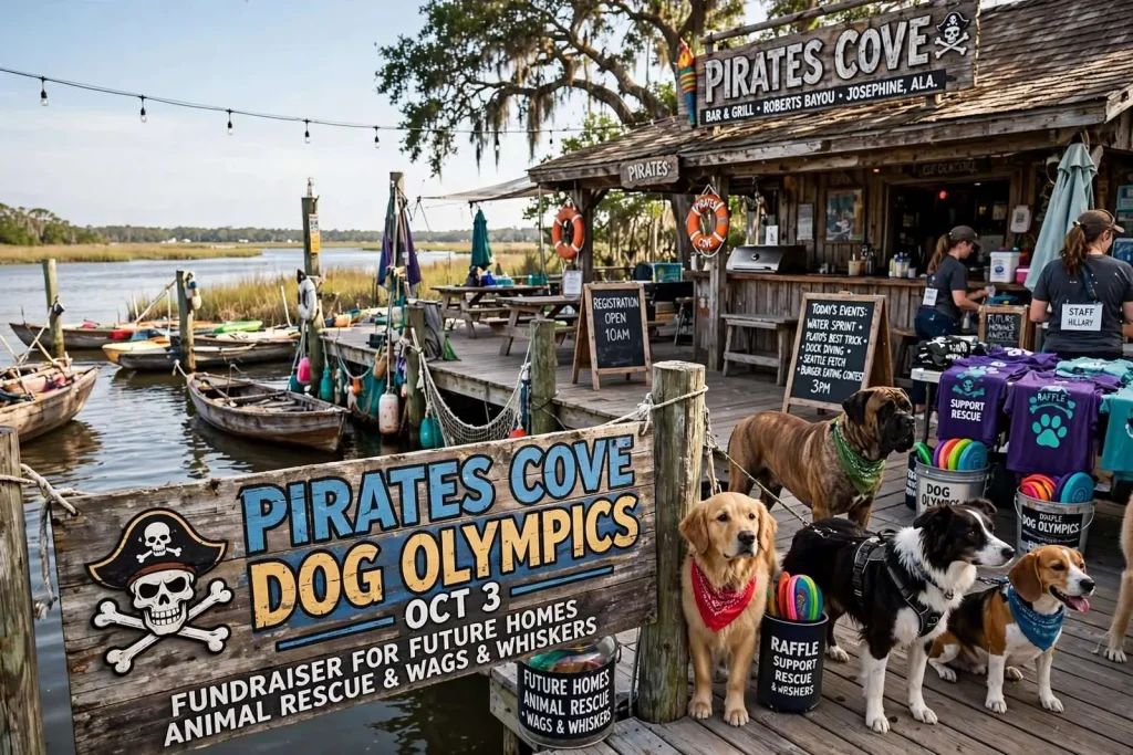 Illustration for the news story: Pirates Cove Dog Olympics Set for Oct. 3 as Canine Contenders Chase Tiki’s Burger Record