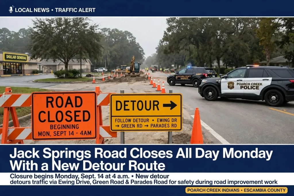 Illustration for the news story: Jack Springs Road Closes All Day Monday With a New Detour Route