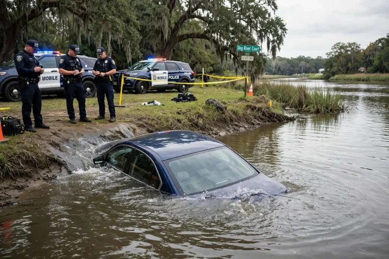 Illustration for the news story: Police Chase Ends When Stolen Car Plunges Into Dog River; Mobile Man Arrested