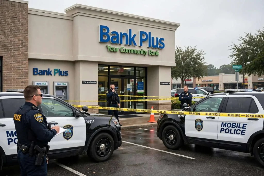 Illustration for the news story: Police Detain Suspect After West Mobile Bank Robbery on Montlimar Drive