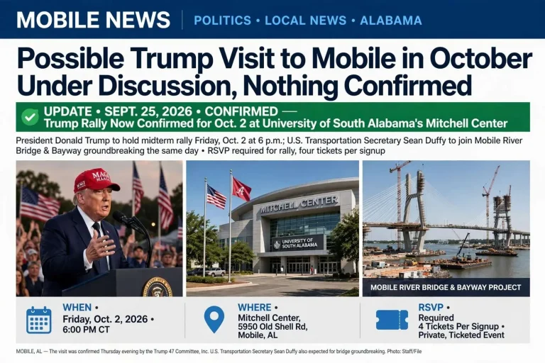 Illustration for the news story: Possible Trump Visit to Mobile in October Under Discussion, Nothing Confirmed