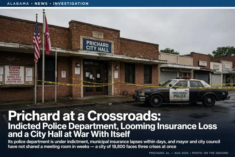 Illustration for the news story: Prichard at a Crossroads: Indicted Police Department, Looming Insurance Loss and a City Hall at War With Itself