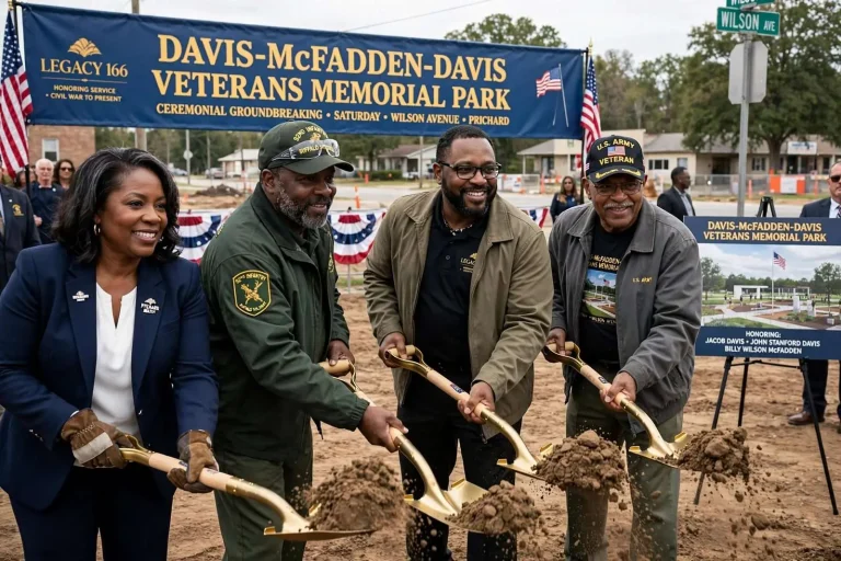 Illustration for the news story: Prichard Breaks Ground on the Davis-McFadden-Davis Veterans Memorial Park Along Wilson Avenue