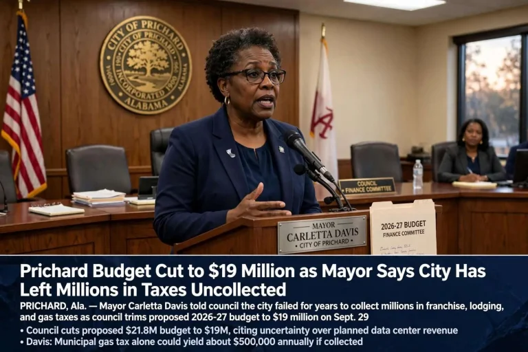 Illustration for the news story: Prichard Budget Cut to $19 Million as Mayor Says City Has Left Millions in Taxes Uncollected
