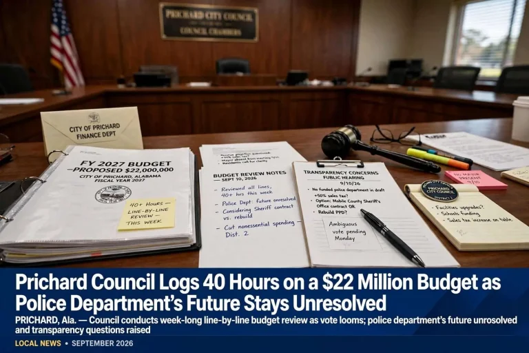 Illustration for the news story: Prichard Council Logs 40 Hours on a $22 Million Budget as Police Department’s Future Stays Unresolved
