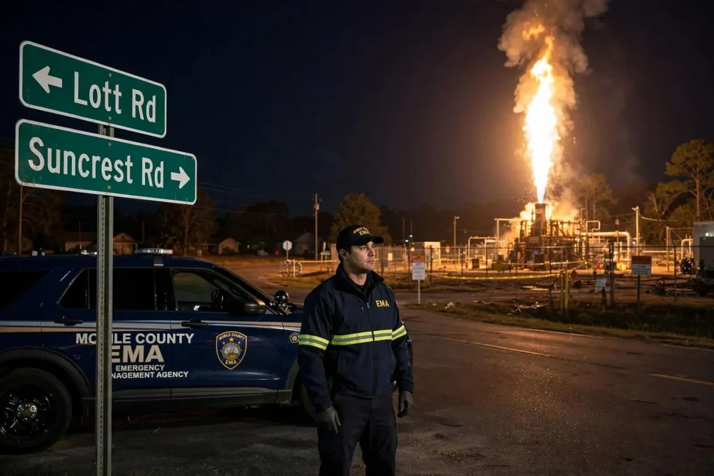 Illustration for the news story: Flames and Noise Near Lott and Suncrest Roads Overnight Are a Planned Flare-Off, Prichard Officials Say